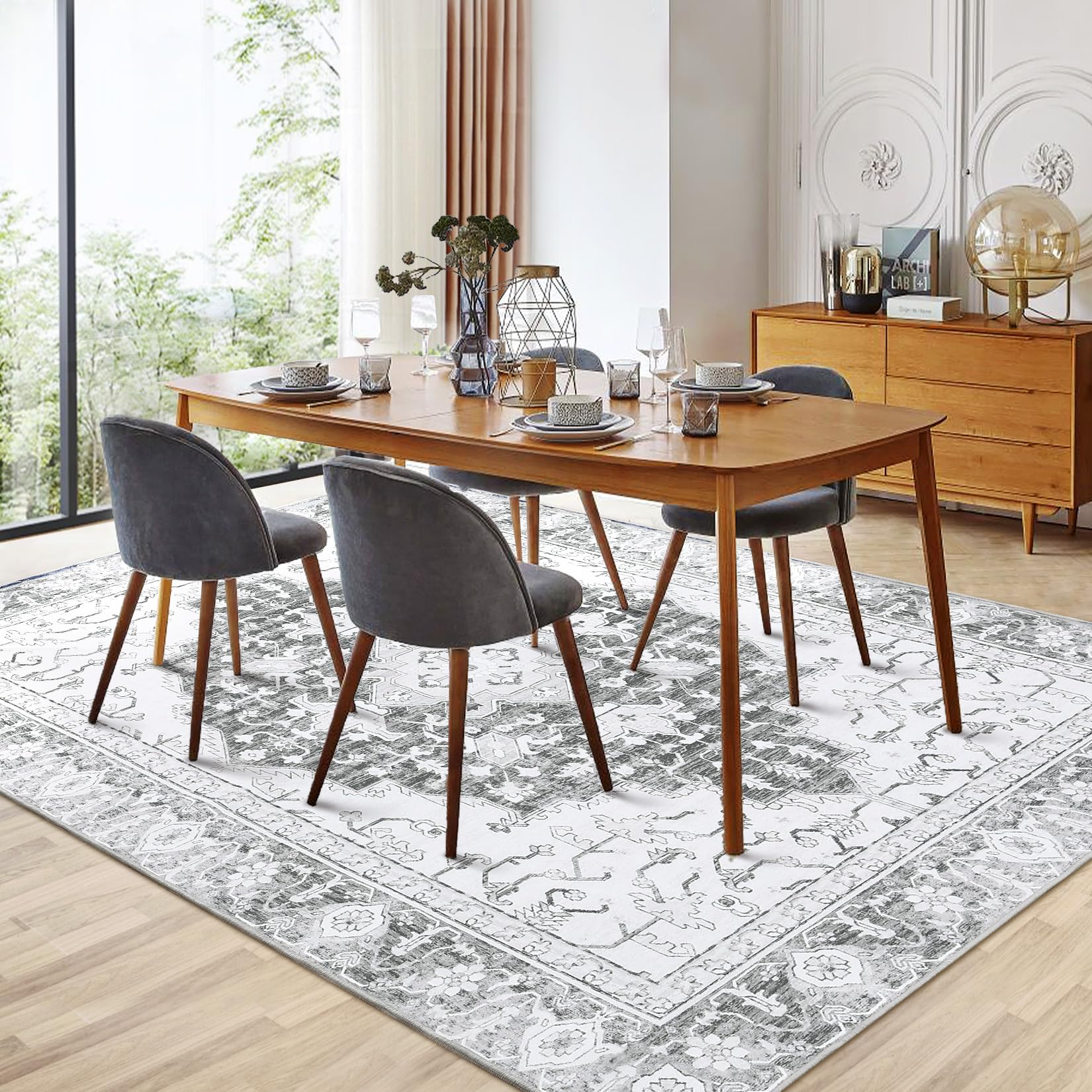 Garvee Washable Vintage Floral Runner Rug 2x6- Non-Slip Print, Non-Shedding, Soft Foldable Carpets for Dining Room, Bedroom, Living Room, Kitchen Entryway, Grey - Image 4