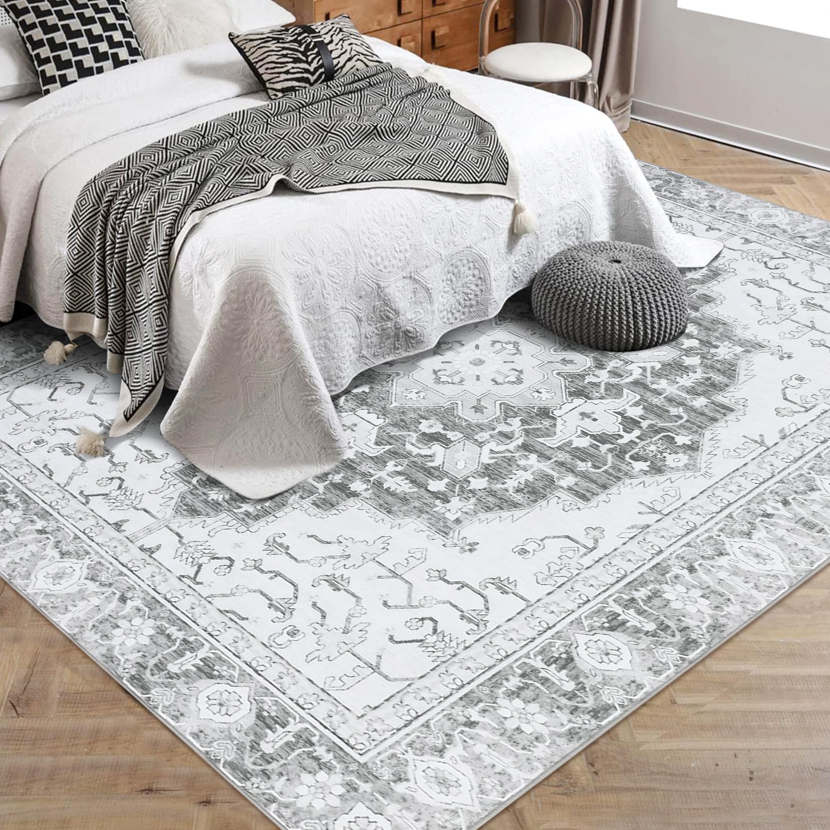 Garvee Washable Vintage Floral Runner Rug 2x6- Non-Slip Print, Non-Shedding, Soft Foldable Carpets for Dining Room, Bedroom, Living Room, Kitchen Entryway, Grey - Image 5
