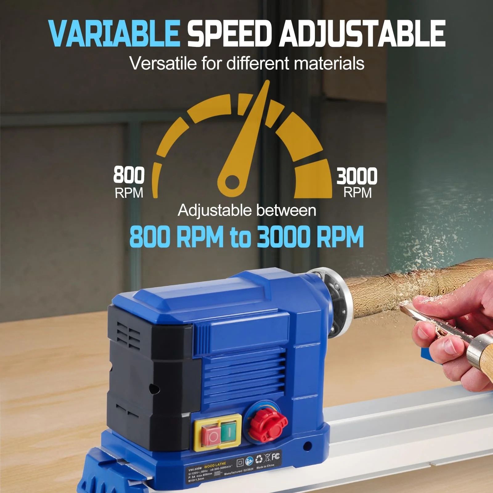 Garvee Wood Lathe, 10" x 24" Benchtop Wood Lathe Machine 0.8 HP 600W Infinitely Variable Speed 800-3000 RPM, Wood Turning Lathe Machine with Wrench & 2 Chisels for Woodworking, Woodturning - Image 3