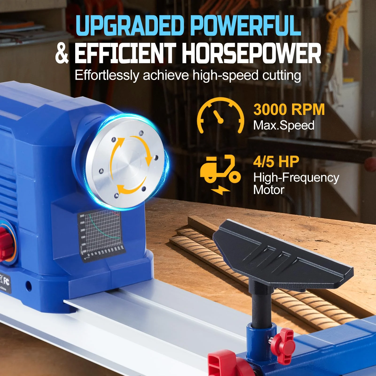 Garvee Wood Lathe, 10" x 24" Benchtop Wood Lathe Machine 0.8 HP 600W Infinitely Variable Speed 800-3000 RPM, Wood Turning Lathe Machine with Wrench & 2 Chisels for Woodworking, Woodturning - Image 5